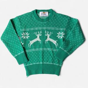 Vintage Dr Denton Kids Christmas Sweater Reindeer Snowflake Fair Isle Green Sz 4